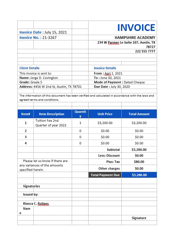 School Tuition Invoice Template PSD template